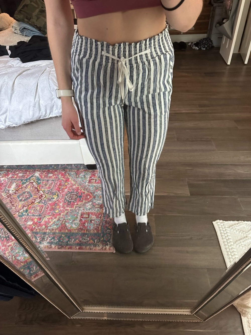 Striped Drawstring Linen-Blend Pants in Navy and White